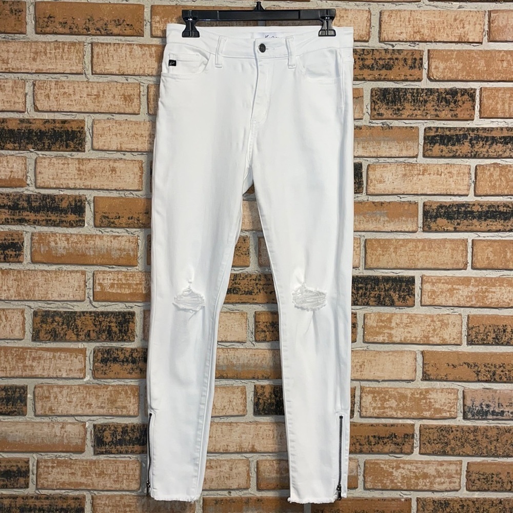 Kancan White Distressed Denim Zipper Ankle Skinny Jeans Raw Hem Women’s 7/27